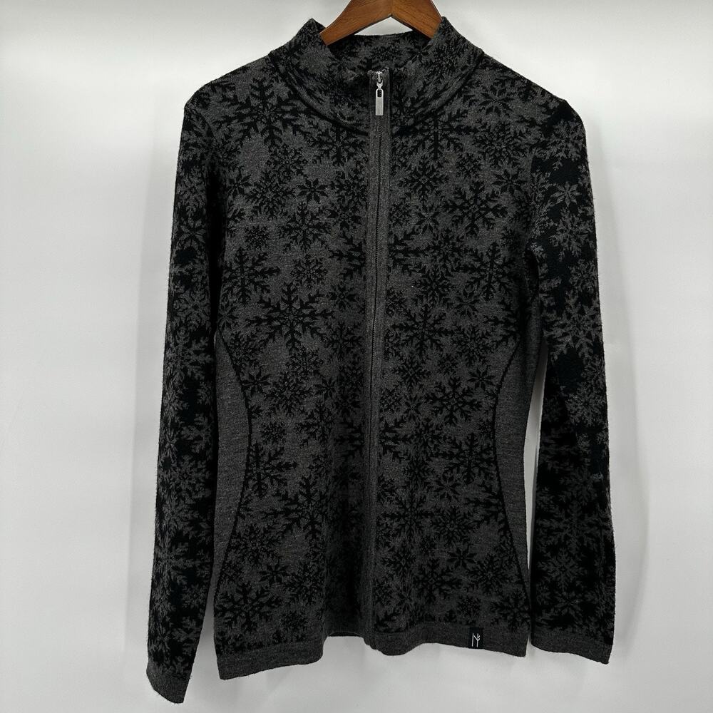 Neve Designs Sweater Womens Medium Black Gray Snowflake Wool Blend Maya Full Zip